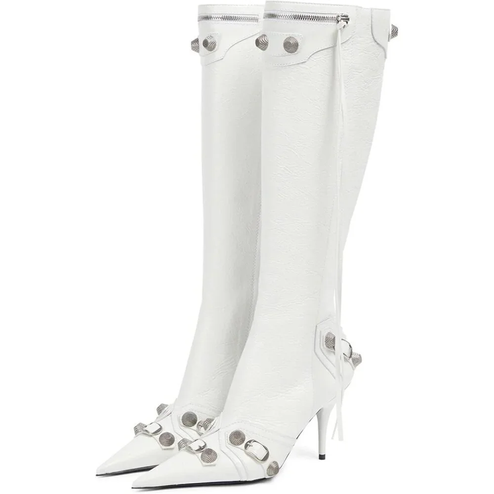 Women's Faux Leather White Stiletto Knee High Pointed Toe High Heel Zipper Boots